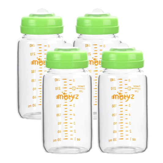 Matyz PureGlass Nursing Bottle Set 4x8oz - Freezer Safe, Wide Neck, BPA Free - Green Lids