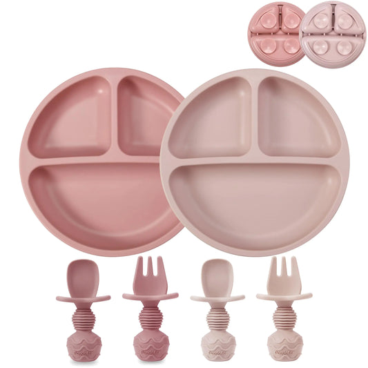 PandaEar 2 Pack Toddler Divided Suction Plates with 2 Spoons 2 Forks for Babies | Silicone Baby Led Weaning Supplies Self Feeding Eating Utensils | BPA-Free Silicone Baby Feeding Set -Pink